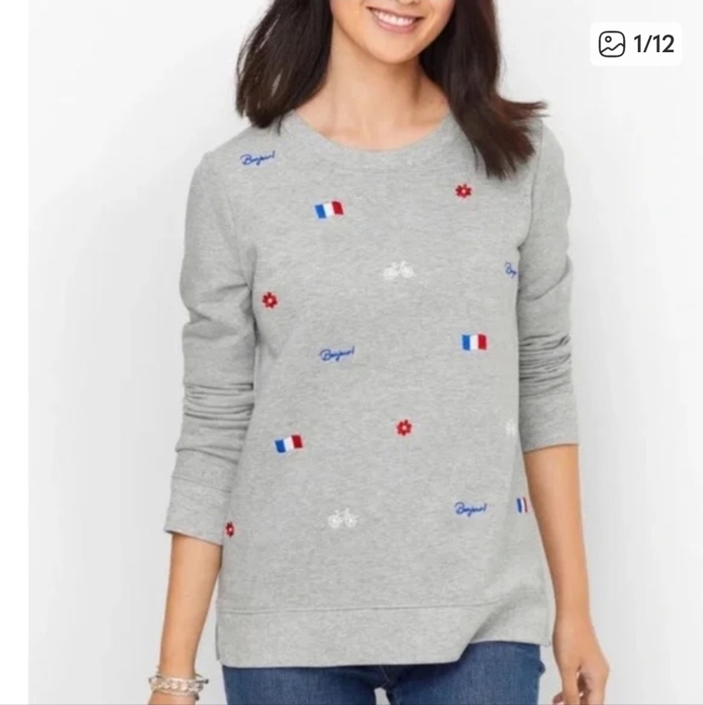 Talbots Gray Embroidery French Icons Bonjour Bicycle Fleece Sweatshirt Sz S